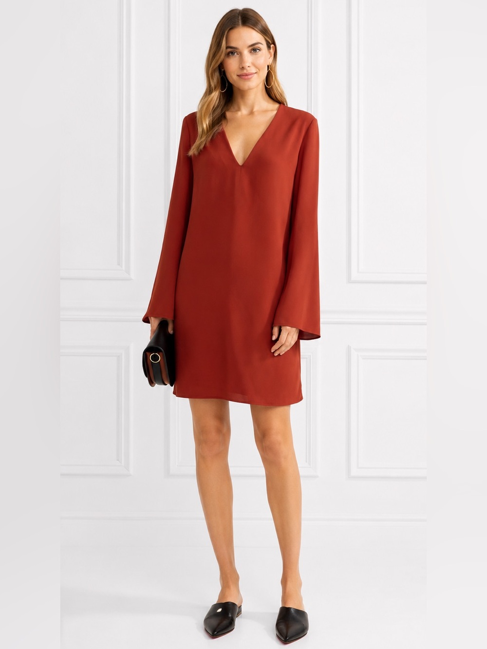 Theory Ulyssa Admiral Crepe Swing Shift Dress Red SMALL Bell Sleeve 60s Retro